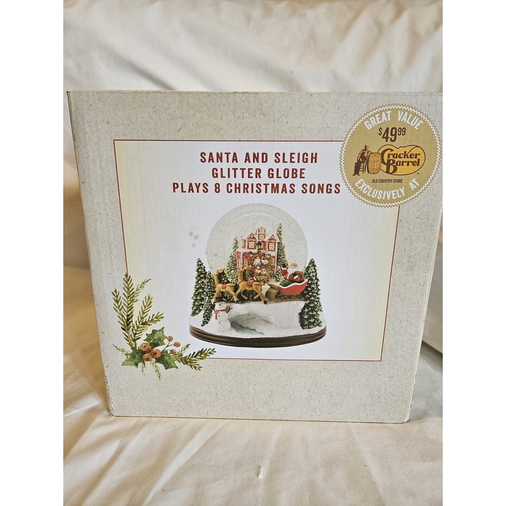 NEW IN BOX Cracker Barrell Santa And Sleigh Glitter Globe Battery Powered